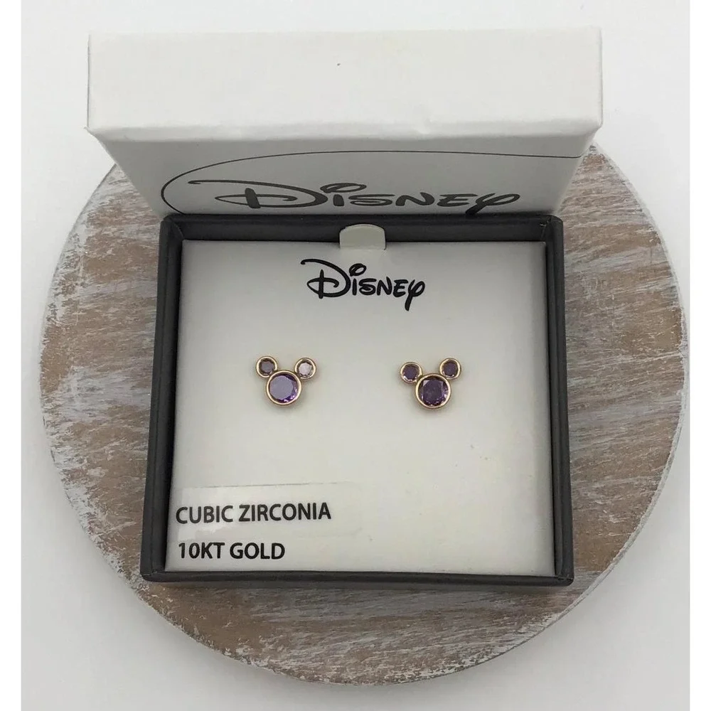 Disney Mickey Mouse Earrings 10kt Gold Purple Cubic Zirconia February Birthstone